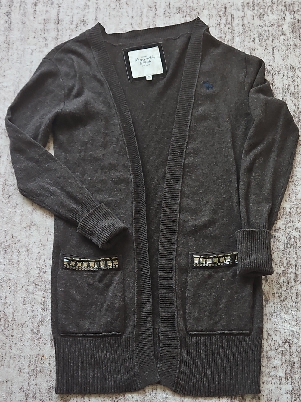Abercrombie & Fitch Women's Charcoal Embellished Pocket Open Cardigan